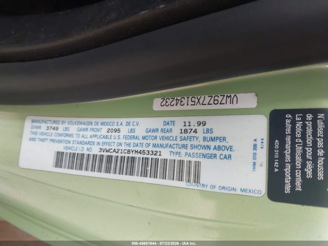 Продажа на аукционе авто 2000 Volkswagen New Beetle Gls, vin: 3VWCA21C8YM453321, номер лота: 45681944