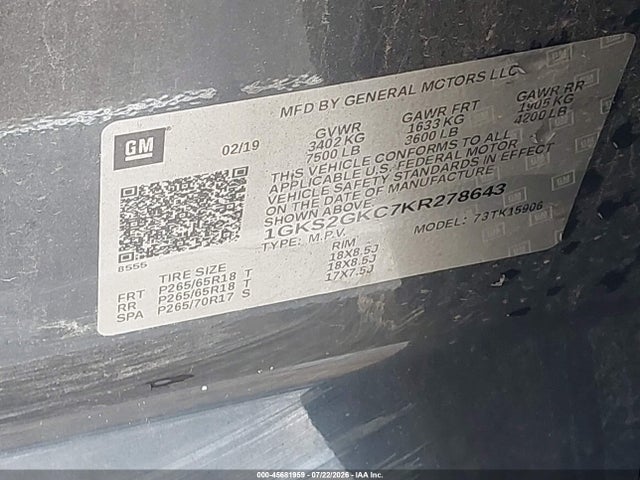 Aukcja sprzedaży 2019 Gmc Yukon Xl Slt, vin: 1GKS2GKC7KR278643, numer aukcji: 45681959
