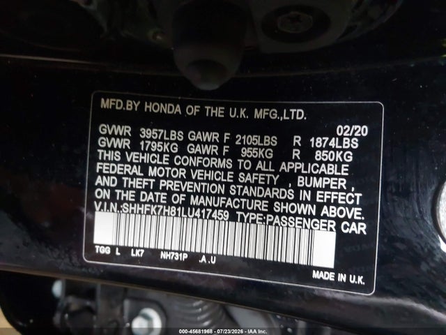 Продаж на аукціоні авто 2020 Honda Civic Ex-l, vin: SHHFK7H81LU417459, номер лоту: 45681968