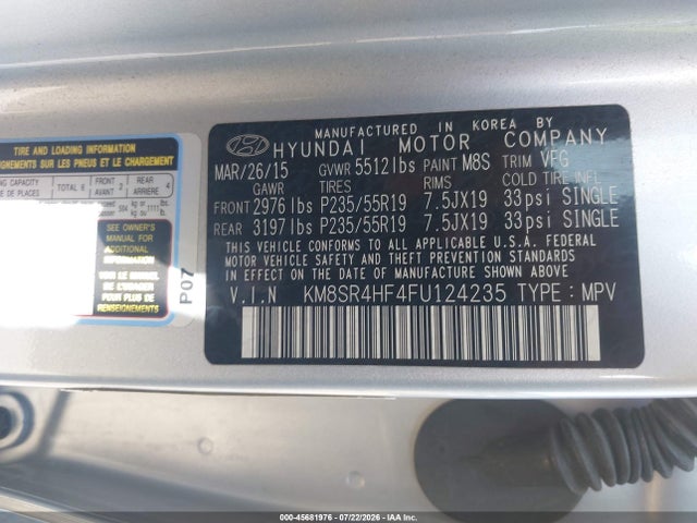 Hyundai Santa Fe Limited 2015 KM8SR4HF4FU124235 Image 9