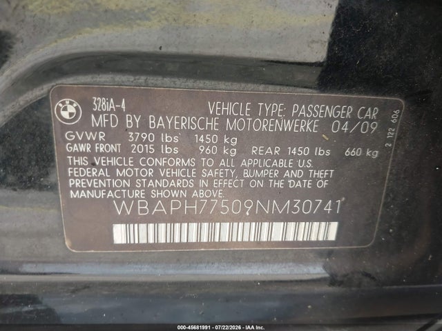 Продаж на аукціоні авто 2009 Bmw 328i, vin: WBAPH77509NM30741, номер лоту: 45681991