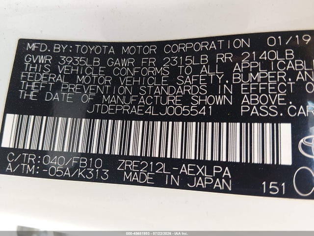 JTDEPRAE4LJ005541 Toyota COROLLA LE