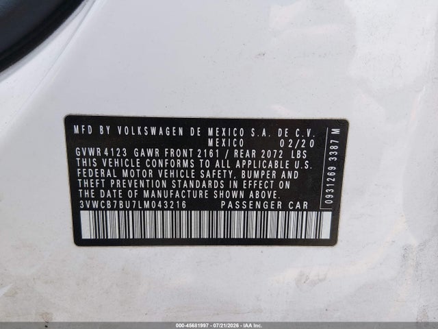Auction sale of the 2020 Volkswagen Jetta 1.4t R-line/1.4t S/1.4t Se, vin: 3VWCB7BU7LM043216, lot number: 45681997