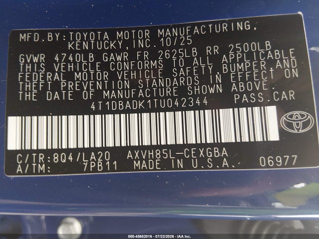45682016 :رقم المزاد ، 4T1DBADK1TU042344 vin ، 2026 Toyota Camry Xle مزاد بيع