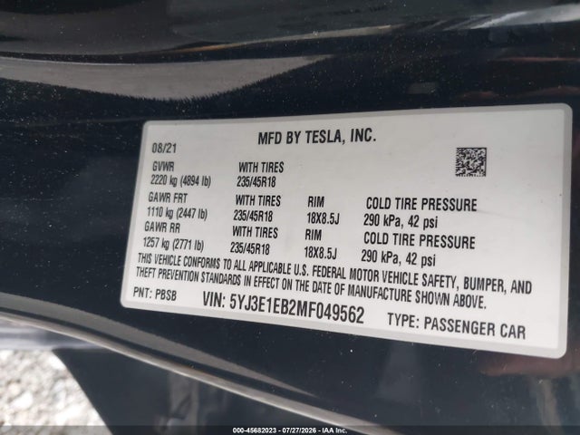 Продажа на аукционе авто 2021 Tesla Model 3 Long Range Dual Motor All-wheel Drive, vin: 5YJ3E1EB2MF049562, номер лота: 45682023