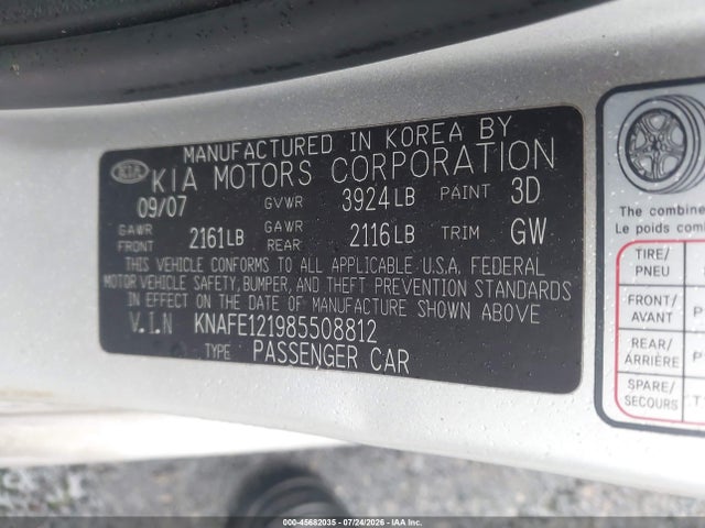 Aukcja sprzedaży 2008 Kia Spectra Lx, vin: KNAFE121985508812, numer aukcji: 45682035