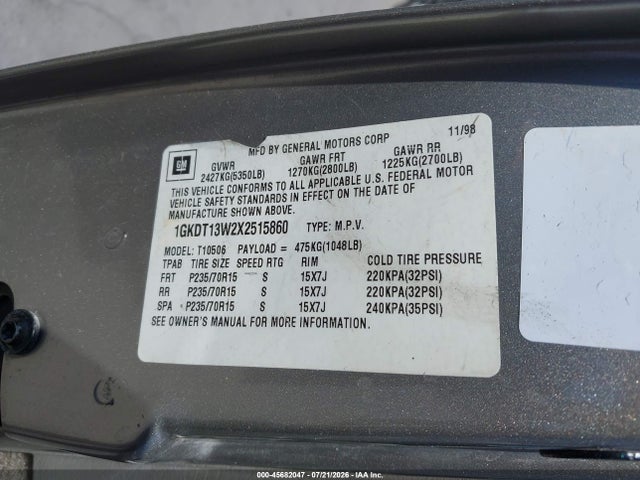 Продажа на аукционе авто 1999 Gmc Jimmy Slt, vin: 1GKDT13W2X2515860, номер лота: 45682047