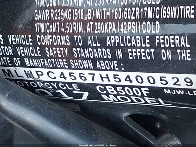 Aukcja sprzedaży 2017 Honda Cb500 F, vin: MLHPC4567H5400529, numer aukcji: 45682065
