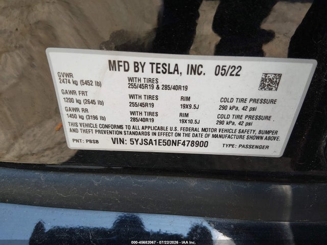 Продаж на аукціоні авто 2022 Tesla Model S Dual Motor All-wheel Drive, vin: 5YJSA1E50NF478900, номер лоту: 45682067