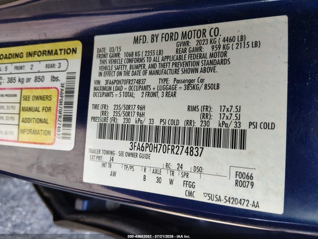 2015 Ford Fusion Se მანქანა იყიდება აუქციონზე, vin: 3FA6P0H70FR274837, აუქციონის ნომერი: 45682082