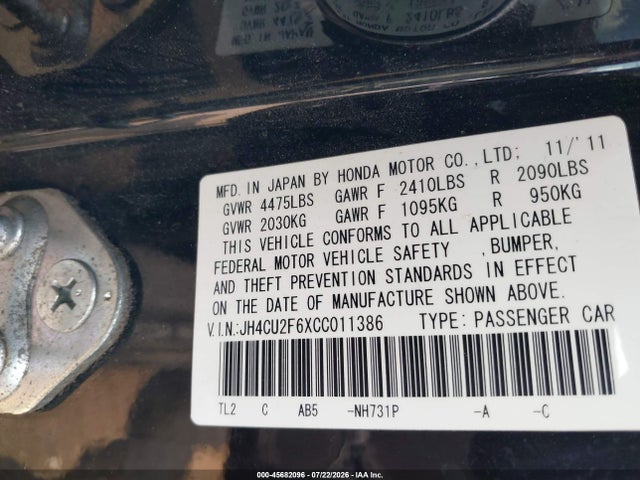 45682096 :رقم المزاد ، JH4CU2F6XCC011386 vin ، 2012 Acura Tsx 2.4 مزاد بيع