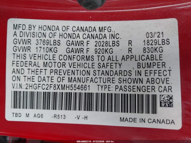 Aukcja sprzedaży 2021 Honda Civic Sport, vin: 2HGFC2F8XMH554661, numer aukcji: 45682110