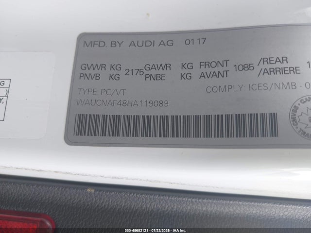 2017 Audi A4 2.0t Technik მანქანა იყიდება აუქციონზე, vin: WAUCNAF48HA119089, აუქციონის ნომერი: 45682121