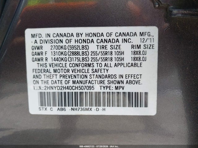 Aukcja sprzedaży 2012 Acura Mdx Technology Package, vin: 2HNYD2H40CH507095, numer aukcji: 45682123