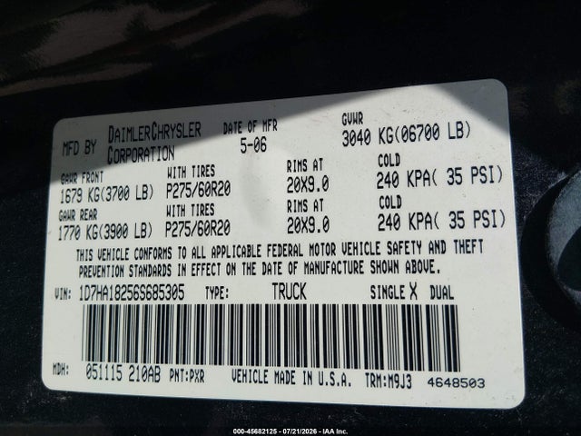 Aukcja sprzedaży 2006 Dodge Ram 1500 Slt, vin: 1D7HA18256S685305, numer aukcji: 45682125