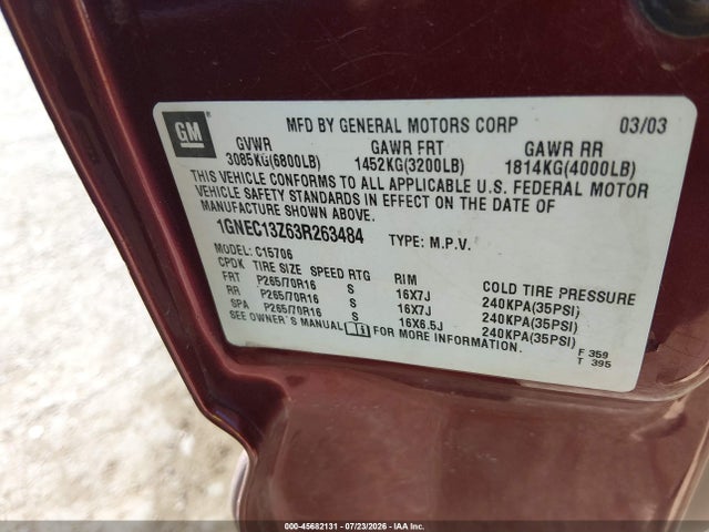 2003 Chevrolet Tahoe Lt მანქანა იყიდება აუქციონზე, vin: 1GNEC13Z63R263484, აუქციონის ნომერი: 45682131