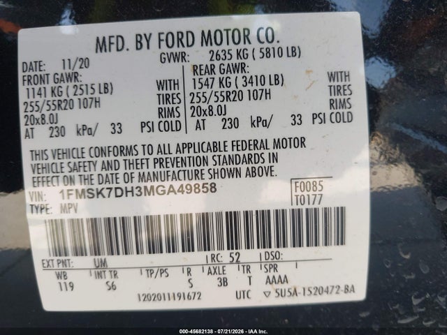 45682138 :رقم المزاد ، 1FMSK7DH3MGA49858 vin ، 2021 Ford Explorer Xlt مزاد بيع