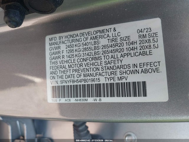 5FNYF8H54PB019615 Honda Passport Awd Ex-l