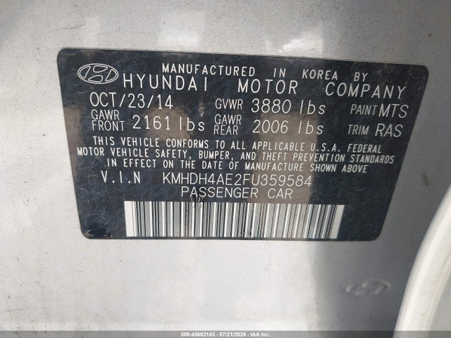 Aukcja sprzedaży 2015 Hyundai Elantra Se, vin: KMHDH4AE2FU359584, numer aukcji: 45682143