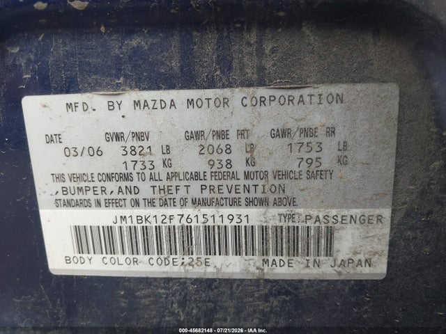 Продаж на аукціоні авто 2006 Mazda Mazda3 I, vin: JM1BK12F761511931, номер лоту: 45682148