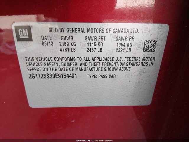 45682164 :رقم المزاد ، 2G1125S30E9154491 vin ، 2014 Chevrolet Impala 2lt مزاد بيع