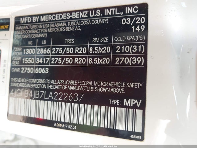 45682180 :رقم المزاد ، 4JGFB4JB7LA222637 vin ، 2020 Mercedes-benz Gle 350 مزاد بيع