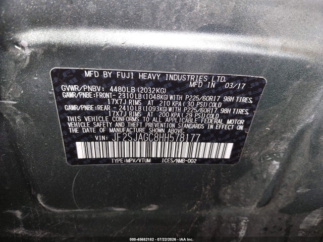 Продажа на аукционе авто 2017 Subaru Forester 2.5i Premium, vin: JF2SJAGC8HH578177, номер лота: 45682182