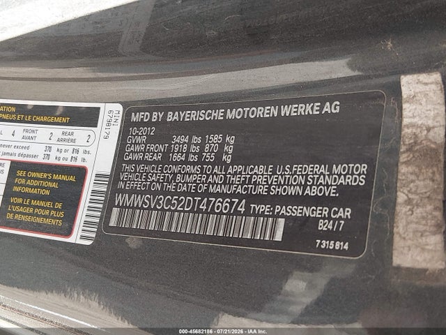 Aukcja sprzedaży 2013 Mini Hardtop Cooper S, vin: WMWSV3C52DT476674, numer aukcji: 45682186