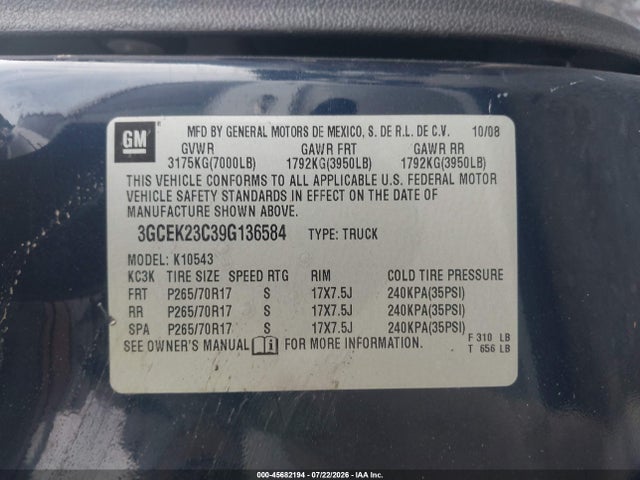 45682194 :رقم المزاد ، 3GCEK23C39G136584 vin ، 2009 Chevrolet Silverado 1500 Lt مزاد بيع