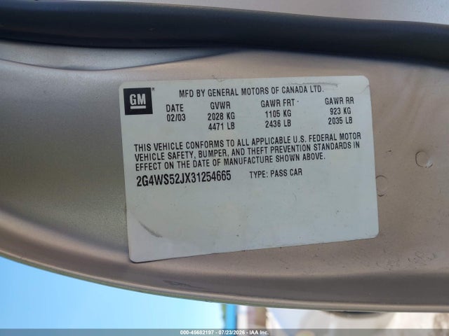 Aukcja sprzedaży 2003 Buick Century Custom, vin: 2G4WS52JX31254665, numer aukcji: 45682197