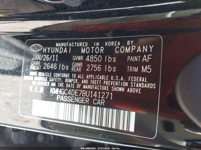 Продаж на аукціоні авто 2011 Hyundai Genesis 3.8, vin: KMHGC4DE7BU141271, номер лоту: 45682202