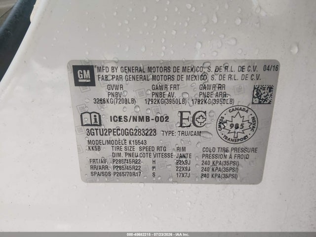 Продаж на аукціоні авто 2016 Gmc Sierra 1500 Denali, vin: 3GTU2PEC0GG283223, номер лоту: 45682215