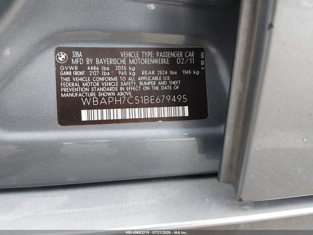45682218 :رقم المزاد ، WBAPH7C51BE679495 vin ، 2011 Bmw 328i مزاد بيع