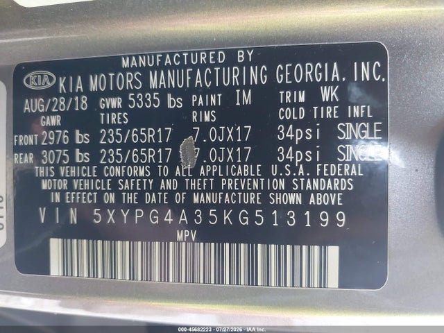 Aukcja sprzedaży 2019 Kia Sorento 2.4l Lx, vin: 5XYPG4A35KG513199, numer aukcji: 45682223