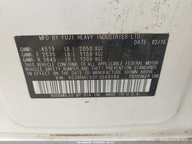 Продажа на аукционе авто 2015 Subaru Legacy 2.5i Premium, vin: 4S3BNAC60F3048086, номер лота: 45682225