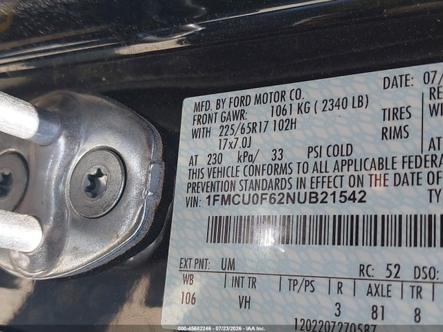 2022 Ford Escape S მანქანა იყიდება აუქციონზე, vin: 1FMCU0F62NUB21542, აუქციონის ნომერი: 45682246
