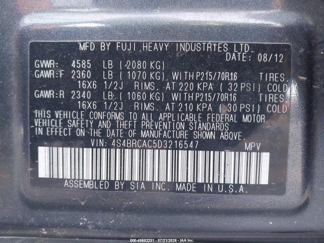 Продаж на аукціоні авто 2013 Subaru Outback 2.5i, vin: 4S4BRCAC5D3216547, номер лоту: 45682251