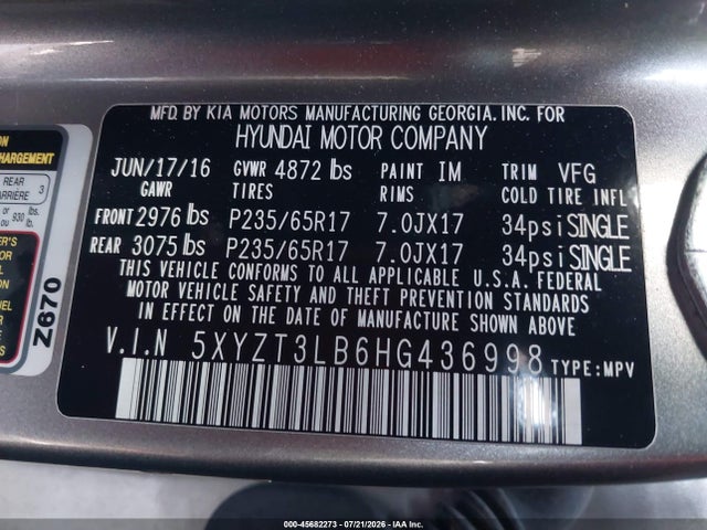 Продаж на аукціоні авто 2017 Hyundai Santa Fe Sport 2.4l, vin: 5XYZT3LB6HG436998, номер лоту: 45682273