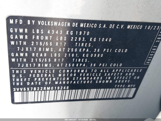 Продажа на аукционе авто 2024 Volkswagen Taos 1.5t S, vin: 3VV5X7B22RM019248, номер лота: 45682287