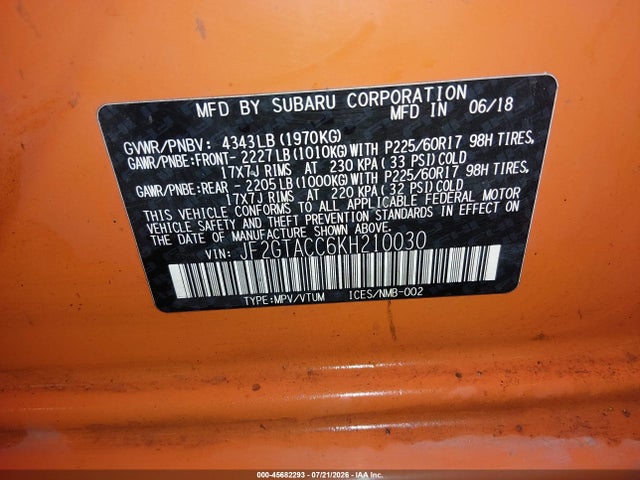 Auction sale of the 2019 Subaru Crosstrek 2.0i Premium, vin: JF2GTACC6KH210030, lot number: 45682293