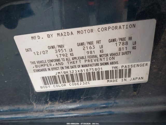 Продаж на аукціоні авто 2008 Mazda Mazda3 S Sport, vin: JM1BK323X81875801, номер лоту: 45682294