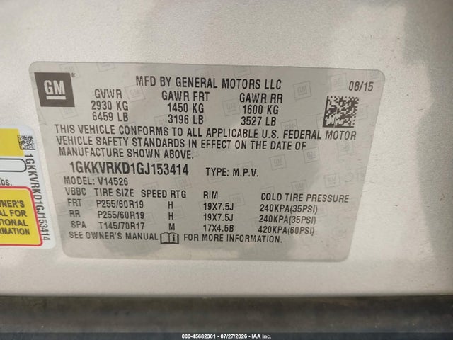 45682301 :رقم المزاد ، 1GKKVRKD1GJ153414 vin ، 2016 Gmc Acadia Slt-1 مزاد بيع