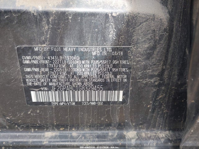 2016 Subaru Crosstrek 2.0i Premium მანქანა იყიდება აუქციონზე, vin: JF2GPABC1G8329455, აუქციონის ნომერი: 45682338