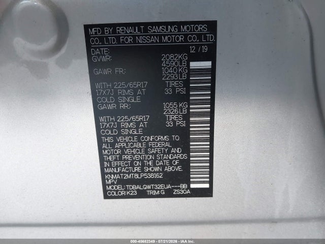 KNMAT2MT8LP538162 Nissan Rogue Sv Fwd
