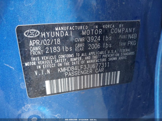Продаж на аукціоні авто 2018 Hyundai Elantra Value Edition, vin: KMHD84LF3JU677311, номер лоту: 45682399