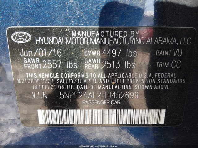 45682423 :رقم المزاد ، 5NPE24AF2HH452699 vin ، 2017 Hyundai Sonata Se مزاد بيع
