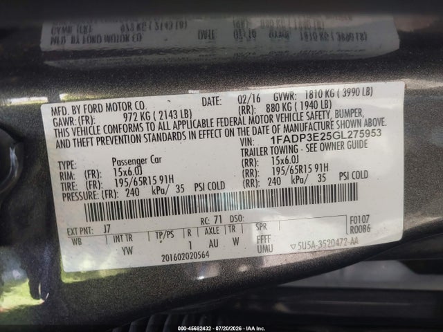Продаж на аукціоні авто 2016 Ford Focus S, vin: 1FADP3E25GL275953, номер лоту: 45682432