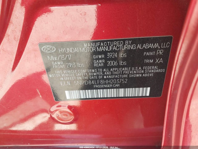 2017 Hyundai Elantra Value Edition მანქანა იყიდება აუქციონზე, vin: 5NPD84LF8HH203752, აუქციონის ნომერი: 45682434