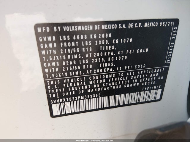 45682437 :رقم المزاد ، 3VVGX7B23PM359353 vin ، 2023 Volkswagen Taos 1.5t S مزاد بيع
