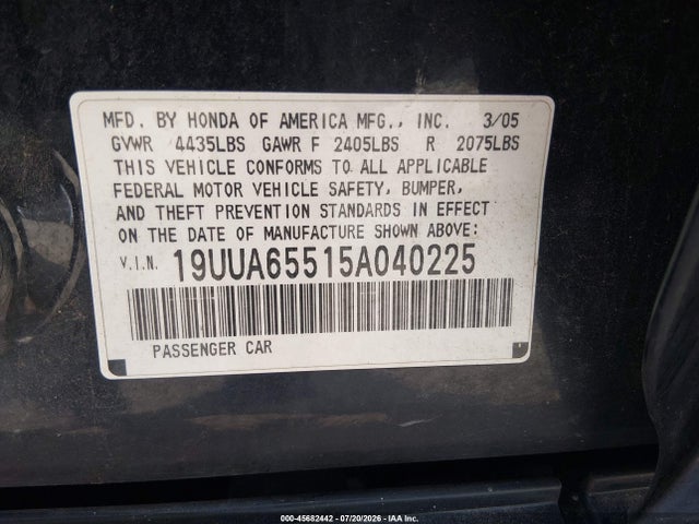 45682442 :رقم المزاد ، 19UUA65515A040225 vin ، 2005 Acura Tl مزاد بيع